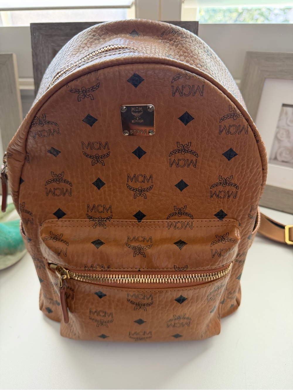 MCM Cognac Logo Visetos Leather Backpack with Gold Hardware